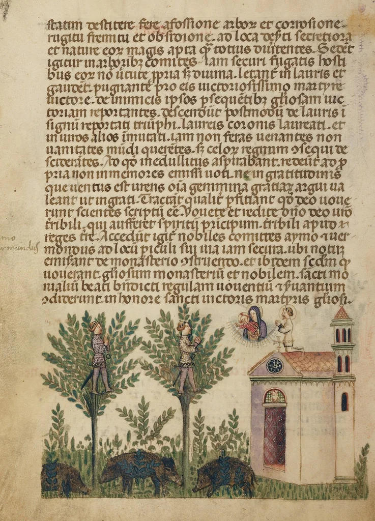 An illustration from Legenda Venerabilium Virorum Aymonis et Vermondi, 1400, leaf 4