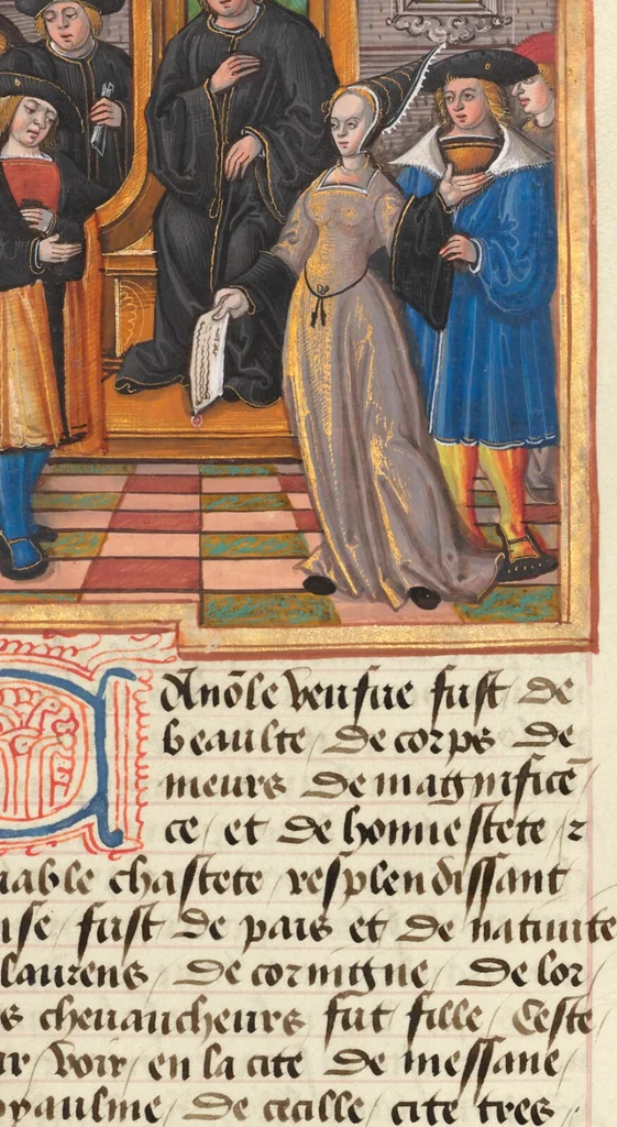 An illustration from Des cleres et nobles femmes; Le livre de la Cité des Dames, 1470, leaf 13