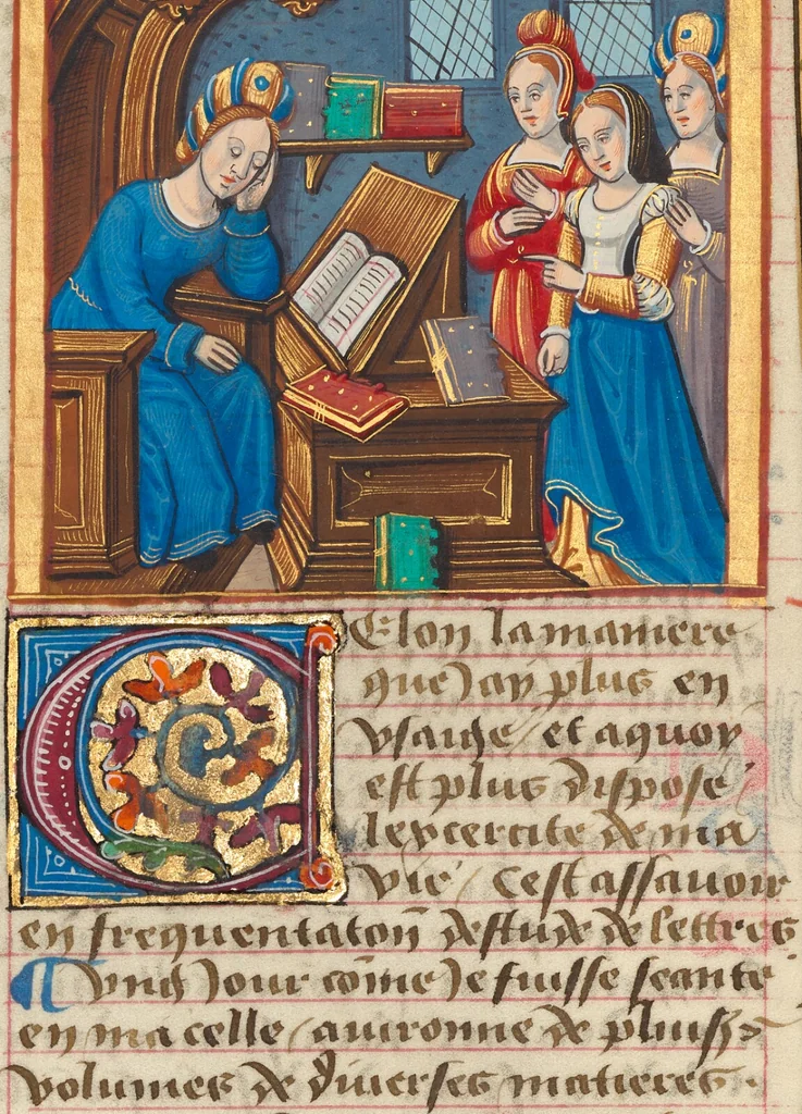 An illustration from Des cleres et nobles femmes; Le livre de la Cité des Dames, 1470, leaf 15