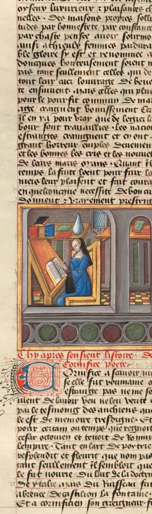 An illustration from Des cleres et nobles femmes; Le livre de la Cité des Dames, 1470, leaf 24
