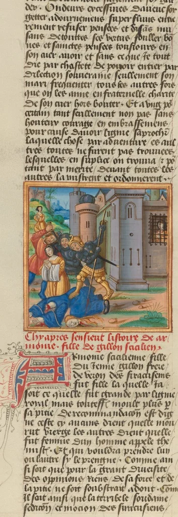 An illustration from Des cleres et nobles femmes; Le livre de la Cité des Dames, 1470, leaf 31