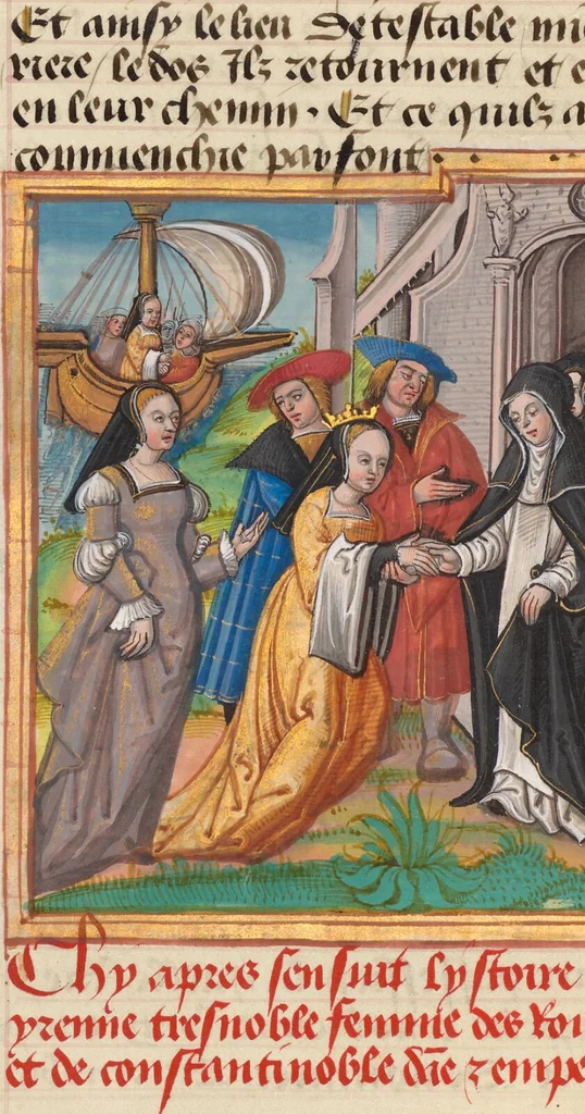 An illustration from Des cleres et nobles femmes; Le livre de la Cité des Dames, 1470, leaf 43
