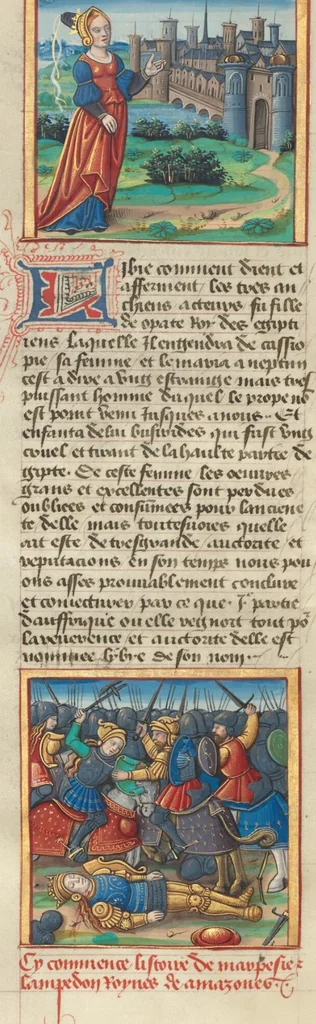 An illustration from Des cleres et nobles femmes; Le livre de la Cité des Dames, 1470, leaf 52