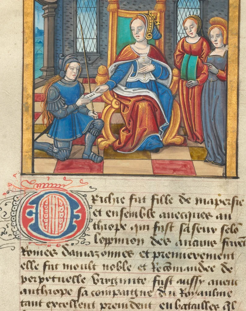 An illustration from Des cleres et nobles femmes; Le livre de la Cité des Dames, 1470, leaf 63