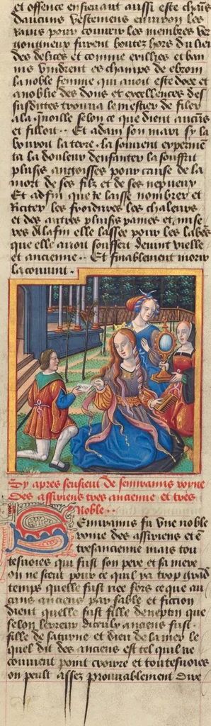 An illustration from Des cleres et nobles femmes; Le livre de la Cité des Dames, 1470, leaf 74