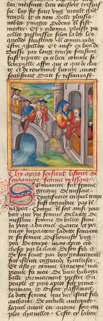 An illustration from Des cleres et nobles femmes; Le livre de la Cité des Dames, 1470, leaf 77