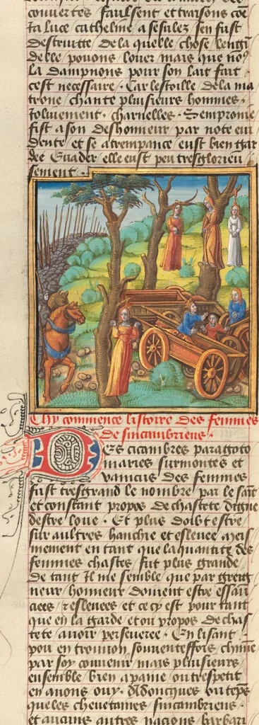 An illustration from Des cleres et nobles femmes; Le livre de la Cité des Dames, 1470, leaf 83