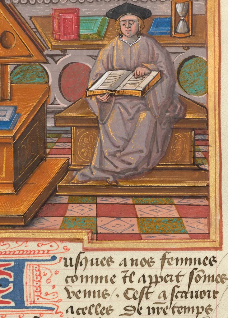 An illustration from Des cleres et nobles femmes; Le livre de la Cité des Dames, 1470, leaf 9