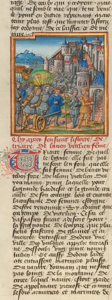 An illustration from Des cleres et nobles femmes; Le livre de la Cité des Dames, 1470, leaf 99