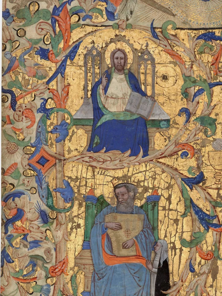 An illustration from Initial B: Christ Enthroned and David Playing the Harp, cutting from a psalter or a choir book, 1401, leaf 1