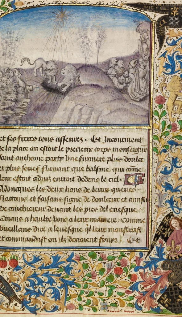 An illustration from Invention et translation du corps de Saint Antoine, 1465, leaf 2
