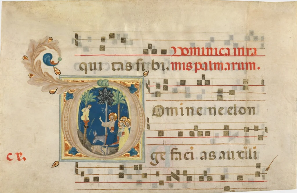 An illustration from Initial D: Christ’s Entry into Jerusalem, cutting from a gradual, 1330, leaf 1