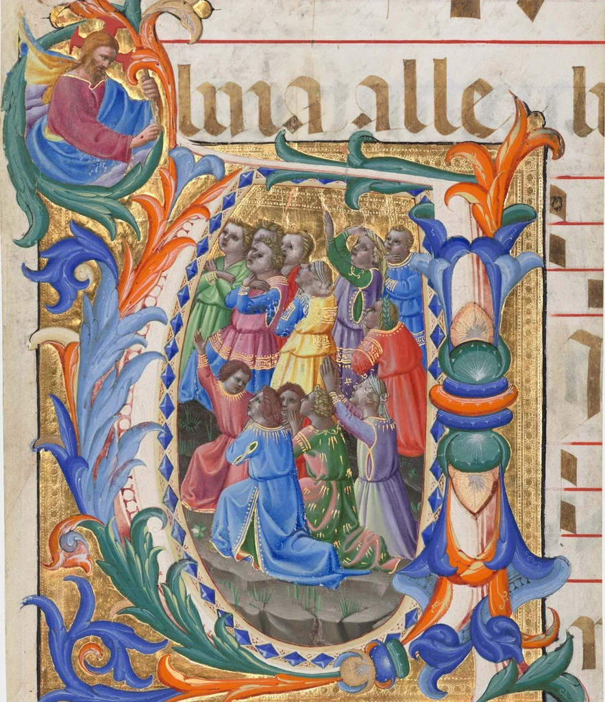 An illustration from Initial V: The Children of the World Praising the Lord, cutting from a gradual, 1430, leaf 1