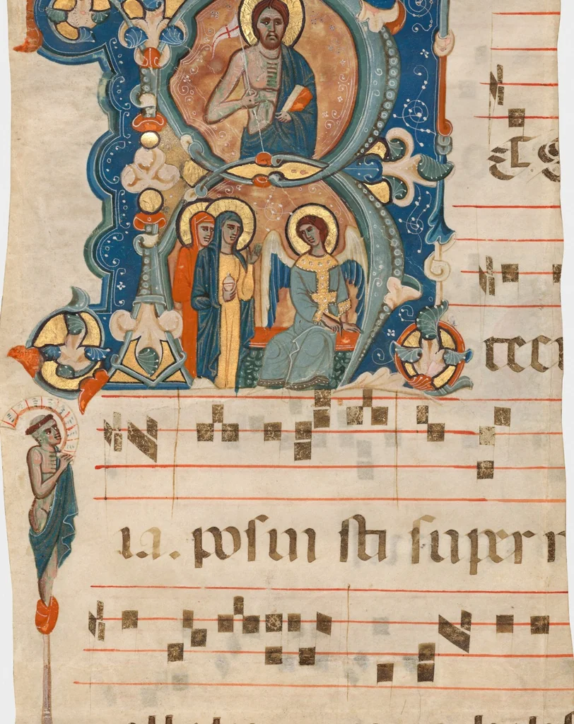 An illustration from Initial R: The Resurrection, cutting from gradual, 1310, leaf 1