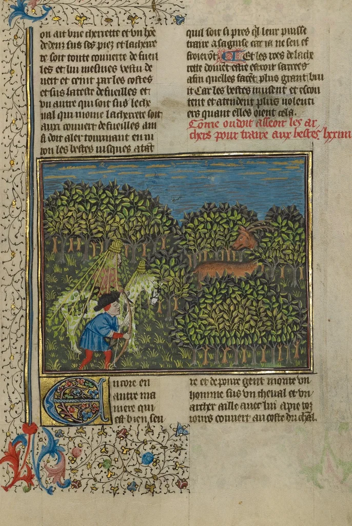 An illustration from Livre de la Chasse, 1430, leaf 1