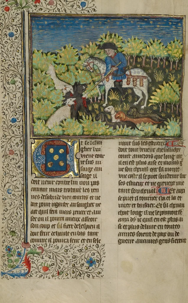 An illustration from Livre de la Chasse, 1430, leaf 14