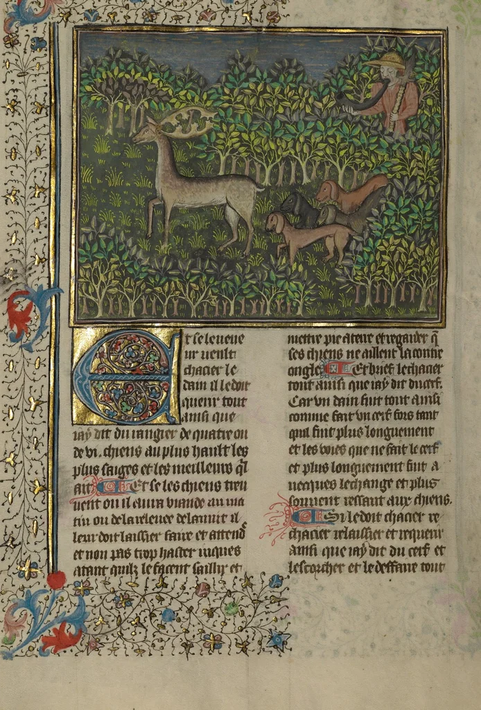 An illustration from Livre de la Chasse, 1430, leaf 16