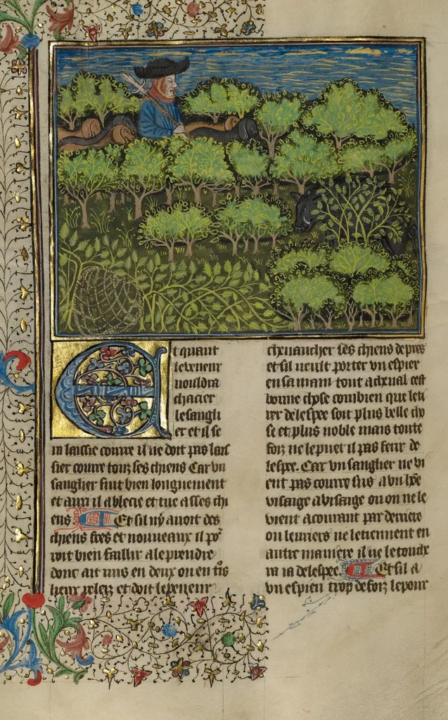 An illustration from Livre de la Chasse, 1430, leaf 22