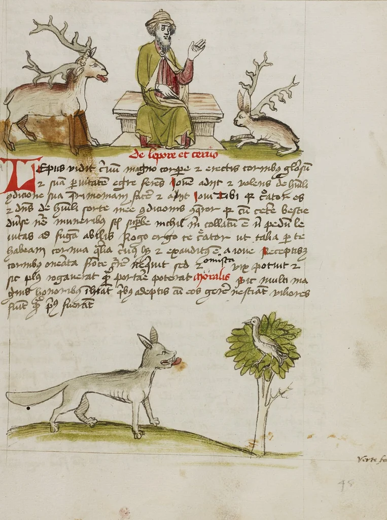 An illustration from Fables; Exemplum de Tribus Latronibus; Defensio Curatorum Adversus Fratres Mendicantes, 1357; De Balsamo (Ch. 7 of De Mirabilibus); homilies on the Gospel of Luke; De septem sacramentis; and others, 1450, leaf 100