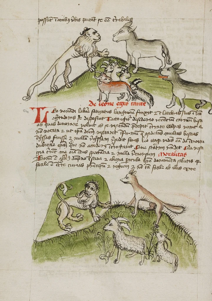 An illustration from Fables; Exemplum de Tribus Latronibus; Defensio Curatorum Adversus Fratres Mendicantes, 1357; De Balsamo (Ch. 7 of De Mirabilibus); homilies on the Gospel of Luke; De septem sacramentis; and others, 1450, leaf 101