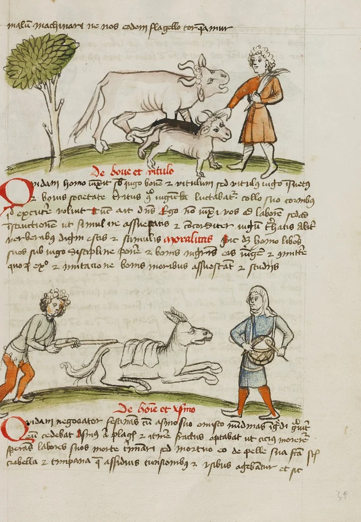 An illustration from Fables; Exemplum de Tribus Latronibus; Defensio Curatorum Adversus Fratres Mendicantes, 1357; De Balsamo (Ch. 7 of De Mirabilibus); homilies on the Gospel of Luke; De septem sacramentis; and others, 1450, leaf 19