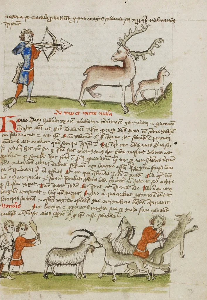 An illustration from Fables; Exemplum de Tribus Latronibus; Defensio Curatorum Adversus Fratres Mendicantes, 1357; De Balsamo (Ch. 7 of De Mirabilibus); homilies on the Gospel of Luke; De septem sacramentis; and others, 1450, leaf 34