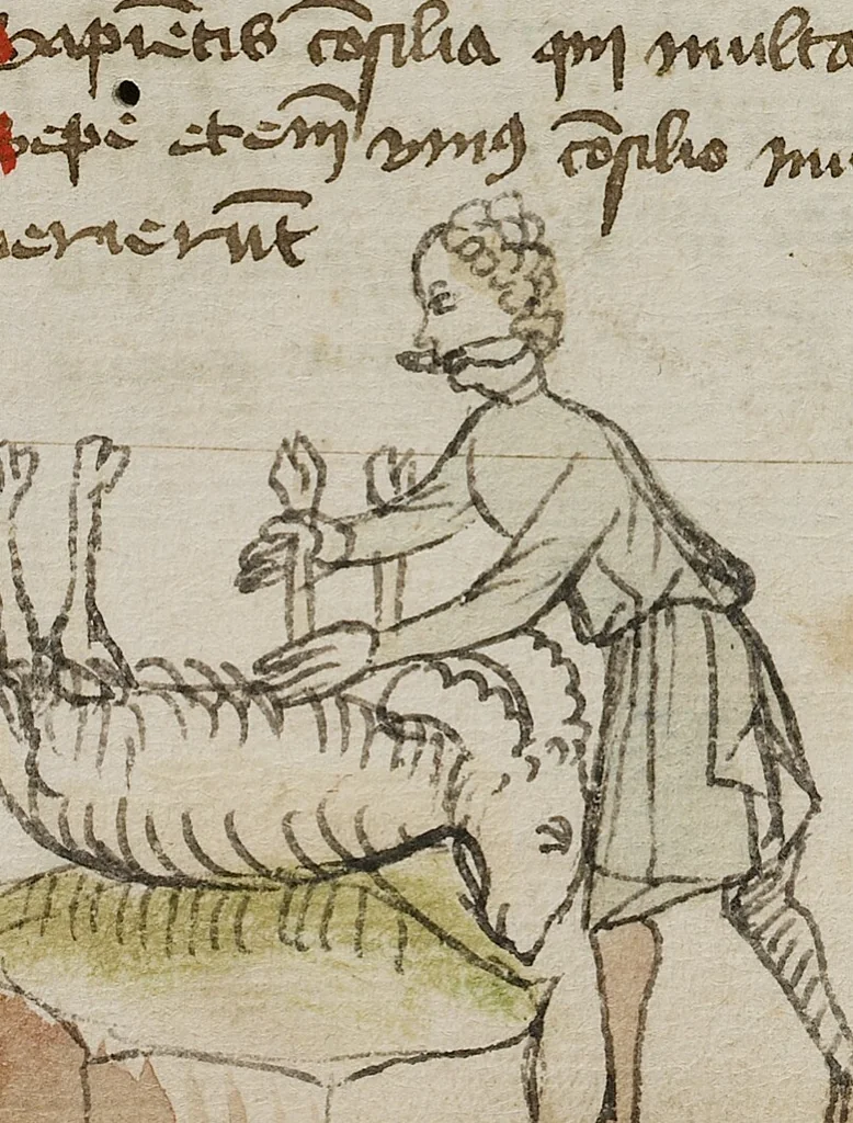 An illustration from Fables; Exemplum de Tribus Latronibus; Defensio Curatorum Adversus Fratres Mendicantes, 1357; De Balsamo (Ch. 7 of De Mirabilibus); homilies on the Gospel of Luke; De septem sacramentis; and others, 1450, leaf 37
