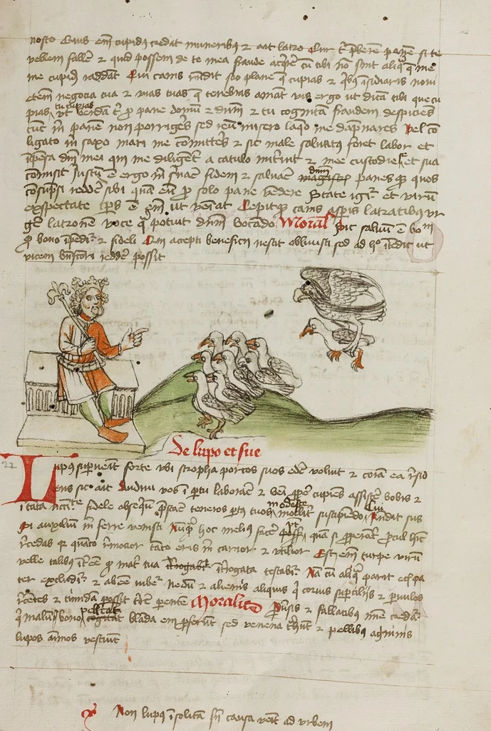 An illustration from Fables; Exemplum de Tribus Latronibus; Defensio Curatorum Adversus Fratres Mendicantes, 1357; De Balsamo (Ch. 7 of De Mirabilibus); homilies on the Gospel of Luke; De septem sacramentis; and others, 1450, leaf 38