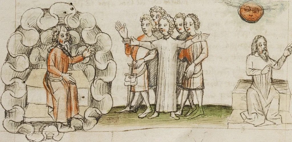 An illustration from Fables; Exemplum de Tribus Latronibus; Defensio Curatorum Adversus Fratres Mendicantes, 1357; De Balsamo (Ch. 7 of De Mirabilibus); homilies on the Gospel of Luke; De septem sacramentis; and others, 1450, leaf 43
