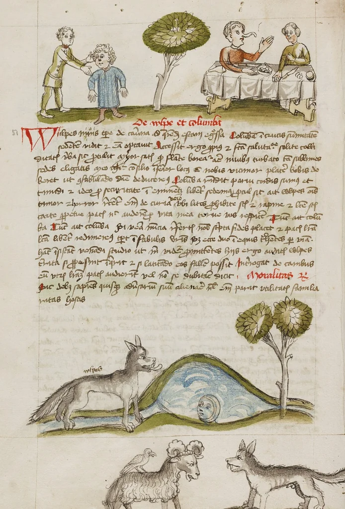 An illustration from Fables; Exemplum de Tribus Latronibus; Defensio Curatorum Adversus Fratres Mendicantes, 1357; De Balsamo (Ch. 7 of De Mirabilibus); homilies on the Gospel of Luke; De septem sacramentis; and others, 1450, leaf 47