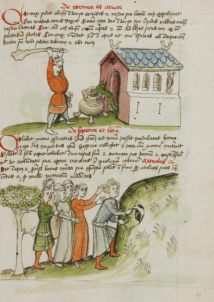 An illustration from Fables; Exemplum de Tribus Latronibus; Defensio Curatorum Adversus Fratres Mendicantes, 1357; De Balsamo (Ch. 7 of De Mirabilibus); homilies on the Gospel of Luke; De septem sacramentis; and others, 1450, leaf 50