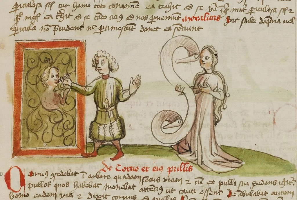 An illustration from Fables; Exemplum de Tribus Latronibus; Defensio Curatorum Adversus Fratres Mendicantes, 1357; De Balsamo (Ch. 7 of De Mirabilibus); homilies on the Gospel of Luke; De septem sacramentis; and others, 1450, leaf 52