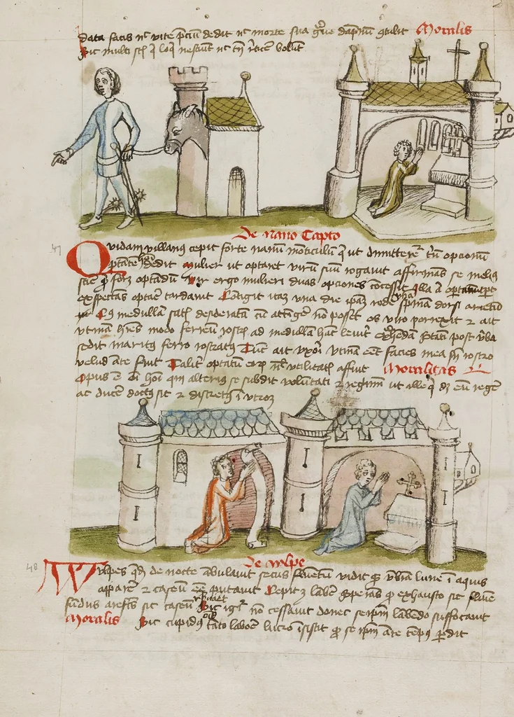 An illustration from Fables; Exemplum de Tribus Latronibus; Defensio Curatorum Adversus Fratres Mendicantes, 1357; De Balsamo (Ch. 7 of De Mirabilibus); homilies on the Gospel of Luke; De septem sacramentis; and others, 1450, leaf 57