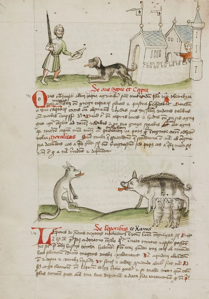An illustration from Fables; Exemplum de Tribus Latronibus; Defensio Curatorum Adversus Fratres Mendicantes, 1357; De Balsamo (Ch. 7 of De Mirabilibus); homilies on the Gospel of Luke; De septem sacramentis; and others, 1450, leaf 58