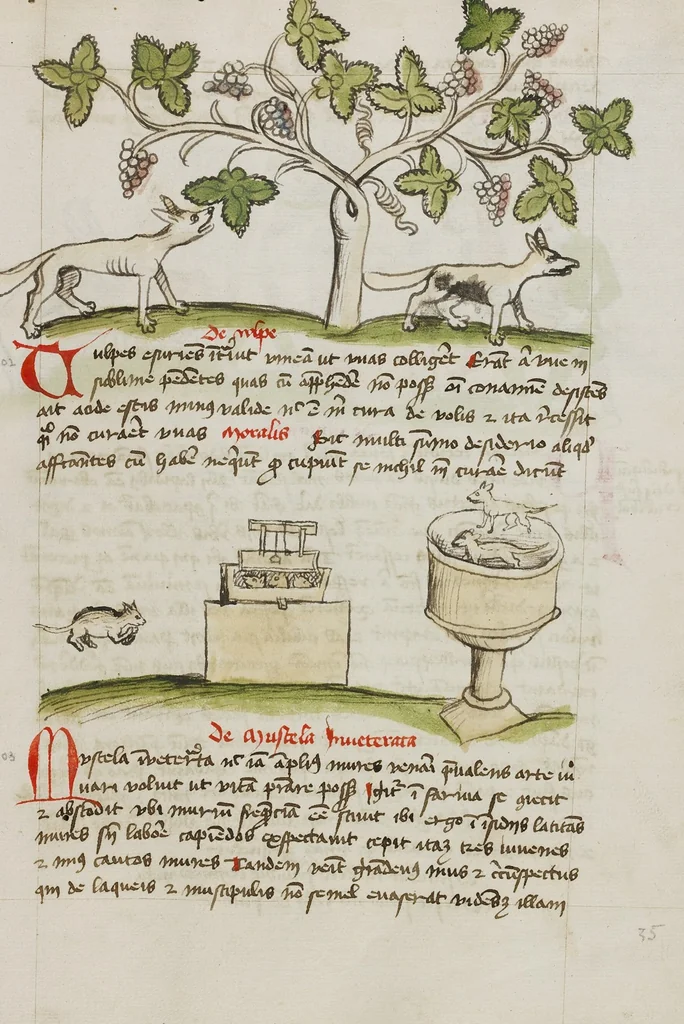 An illustration from Fables; Exemplum de Tribus Latronibus; Defensio Curatorum Adversus Fratres Mendicantes, 1357; De Balsamo (Ch. 7 of De Mirabilibus); homilies on the Gospel of Luke; De septem sacramentis; and others, 1450, leaf 72