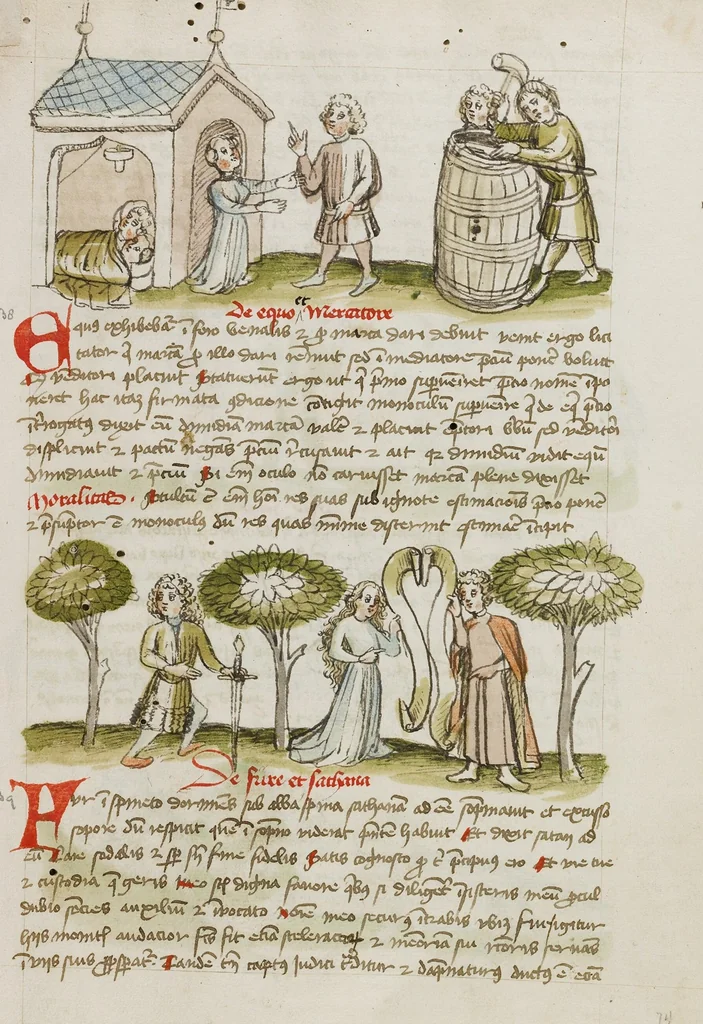 An illustration from Fables; Exemplum de Tribus Latronibus; Defensio Curatorum Adversus Fratres Mendicantes, 1357; De Balsamo (Ch. 7 of De Mirabilibus); homilies on the Gospel of Luke; De septem sacramentis; and others, 1450, leaf 78