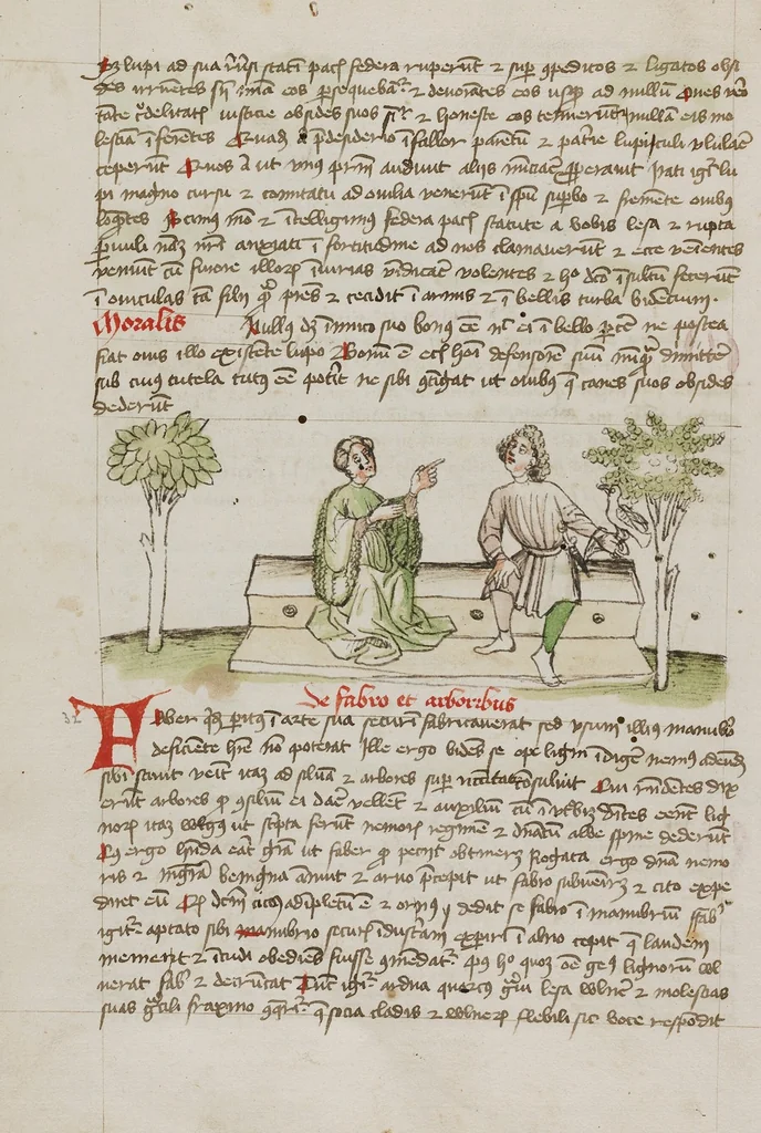 An illustration from Fables; Exemplum de Tribus Latronibus; Defensio Curatorum Adversus Fratres Mendicantes, 1357; De Balsamo (Ch. 7 of De Mirabilibus); homilies on the Gospel of Luke; De septem sacramentis; and others, 1450, leaf 79