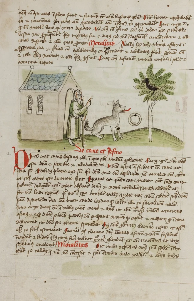 An illustration from Fables; Exemplum de Tribus Latronibus; Defensio Curatorum Adversus Fratres Mendicantes, 1357; De Balsamo (Ch. 7 of De Mirabilibus); homilies on the Gospel of Luke; De septem sacramentis; and others, 1450, leaf 93