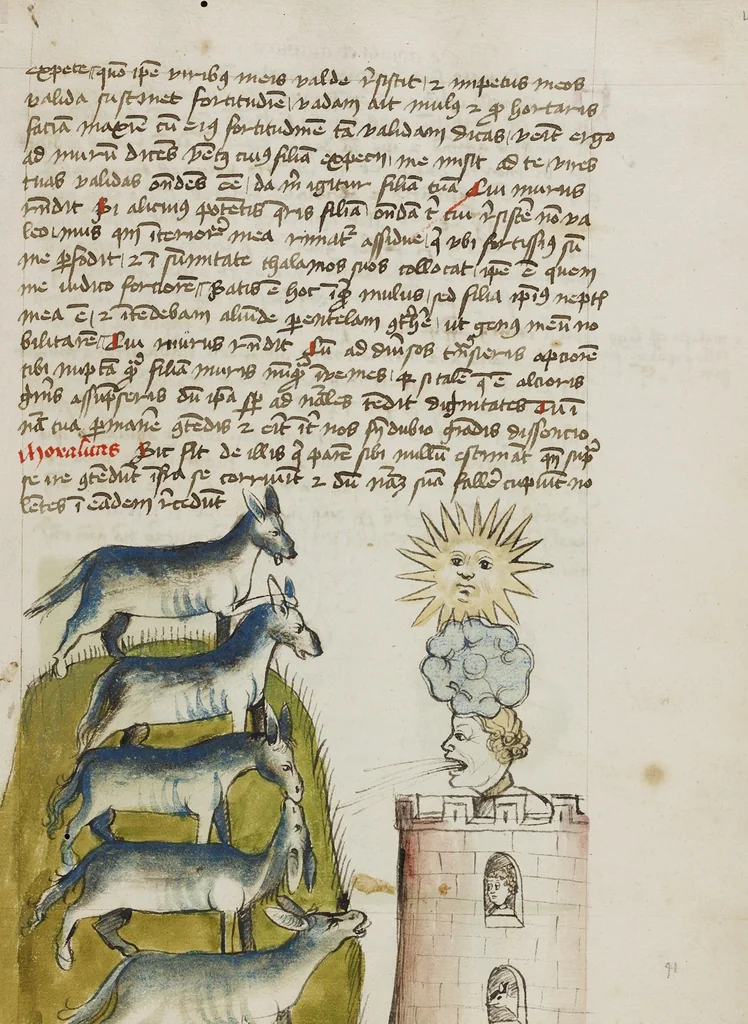 An illustration from Fables; Exemplum de Tribus Latronibus; Defensio Curatorum Adversus Fratres Mendicantes, 1357; De Balsamo (Ch. 7 of De Mirabilibus); homilies on the Gospel of Luke; De septem sacramentis; and others, 1450, leaf 96