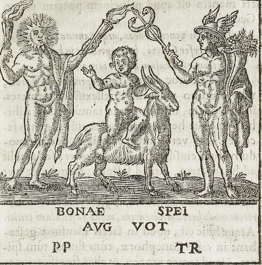 An illustration from Antiqvae Tabvlae Marmoreae Solis effigie, symbolisque exculptae Accvrata Explicatio: Qua priscae quaedam mythologiae, ac nonnulla praeterea vetera monumenta marmorum, gemmarum, nomismatum illustrantur, 1617, leaf 111