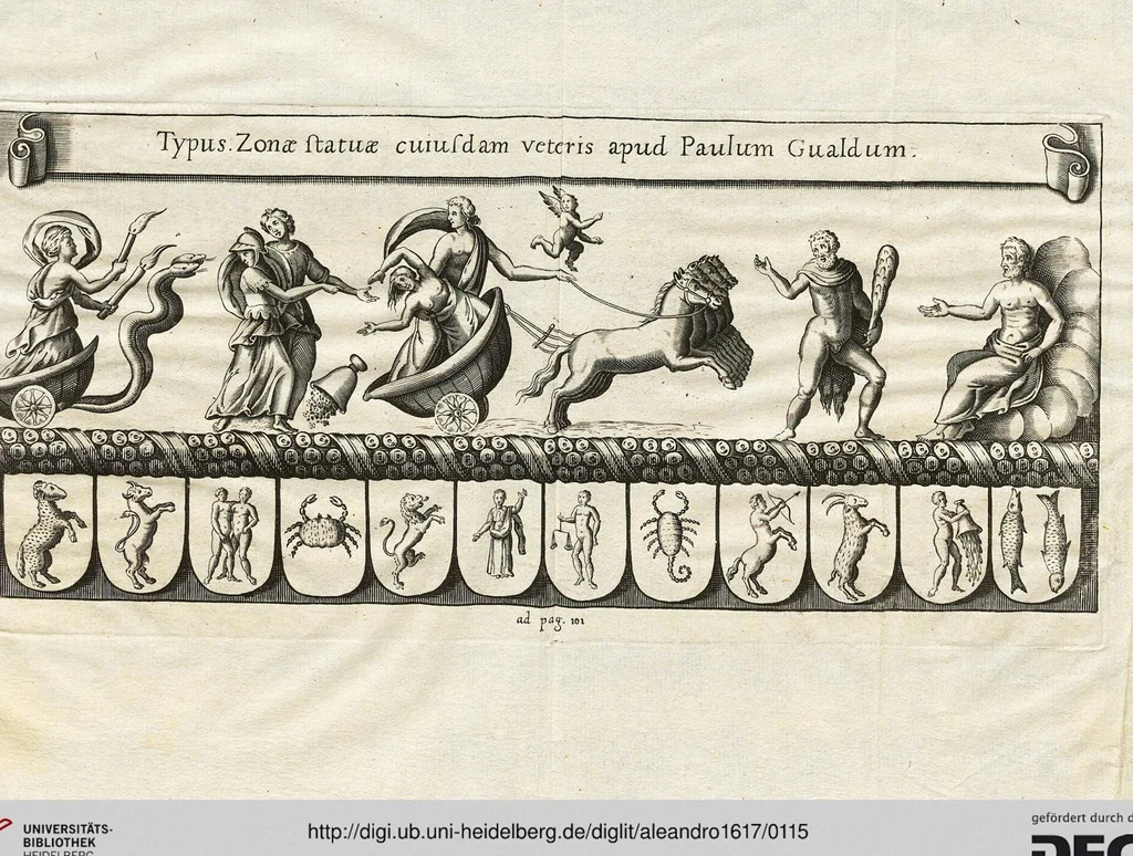 An illustration from Antiqvae Tabvlae Marmoreae Solis effigie, symbolisque exculptae Accvrata Explicatio: Qua priscae quaedam mythologiae, ac nonnulla praeterea vetera monumenta marmorum, gemmarum, nomismatum illustrantur, 1617, leaf 115