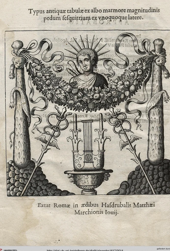 An illustration from Antiqvae Tabvlae Marmoreae Solis effigie, symbolisque exculptae Accvrata Explicatio: Qua priscae quaedam mythologiae, ac nonnulla praeterea vetera monumenta marmorum, gemmarum, nomismatum illustrantur, 1617, leaf 14