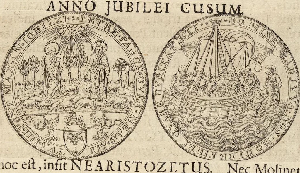 An illustration from Numismatum Modernorum Cimeliarchii Regio-Electoralis Brandenburgici Sectio Prima: continens Numismata Pontificum Romanorum, Aliorumque Ecclesiasticorum, Rariora & Elegantiora: Ære expressa & Dialogo illustrata, 1704, leaf 19