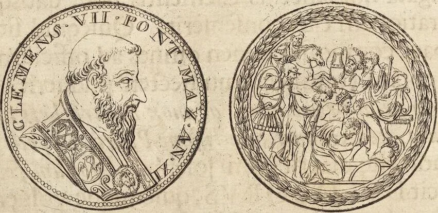 An illustration from Numismatum Modernorum Cimeliarchii Regio-Electoralis Brandenburgici Sectio Prima: continens Numismata Pontificum Romanorum, Aliorumque Ecclesiasticorum, Rariora & Elegantiora: Ære expressa & Dialogo illustrata, 1704, leaf 34