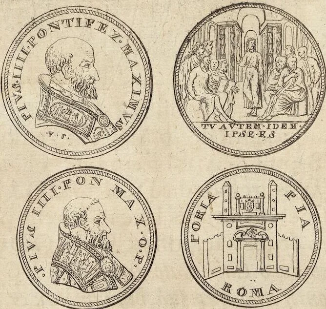An illustration from Numismatum Modernorum Cimeliarchii Regio-Electoralis Brandenburgici Sectio Prima: continens Numismata Pontificum Romanorum, Aliorumque Ecclesiasticorum, Rariora & Elegantiora: Ære expressa & Dialogo illustrata, 1704, leaf 40