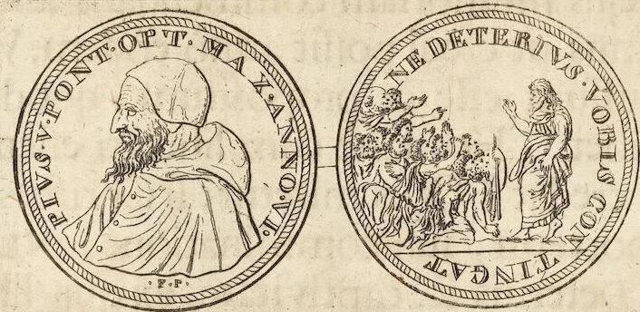 An illustration from Numismatum Modernorum Cimeliarchii Regio-Electoralis Brandenburgici Sectio Prima: continens Numismata Pontificum Romanorum, Aliorumque Ecclesiasticorum, Rariora & Elegantiora: Ære expressa & Dialogo illustrata, 1704, leaf 45