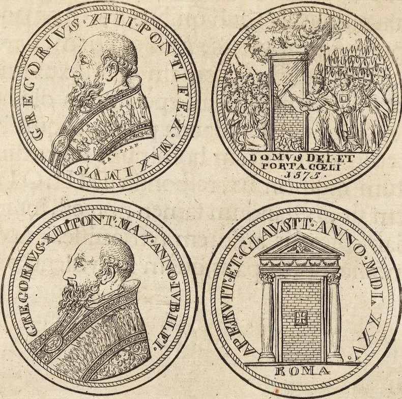 An illustration from Numismatum Modernorum Cimeliarchii Regio-Electoralis Brandenburgici Sectio Prima: continens Numismata Pontificum Romanorum, Aliorumque Ecclesiasticorum, Rariora & Elegantiora: Ære expressa & Dialogo illustrata, 1704, leaf 49