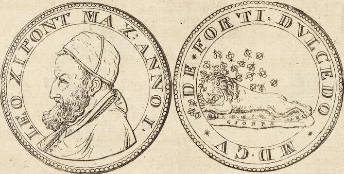 An illustration from Numismatum Modernorum Cimeliarchii Regio-Electoralis Brandenburgici Sectio Prima: continens Numismata Pontificum Romanorum, Aliorumque Ecclesiasticorum, Rariora & Elegantiora: Ære expressa & Dialogo illustrata, 1704, leaf 55