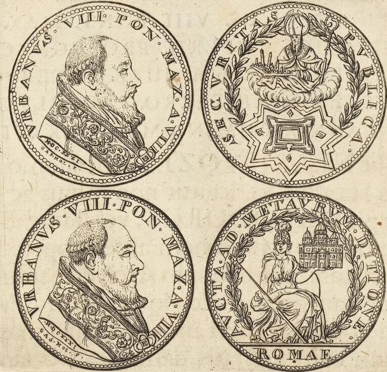 An illustration from Numismatum Modernorum Cimeliarchii Regio-Electoralis Brandenburgici Sectio Prima: continens Numismata Pontificum Romanorum, Aliorumque Ecclesiasticorum, Rariora & Elegantiora: Ære expressa & Dialogo illustrata, 1704, leaf 63