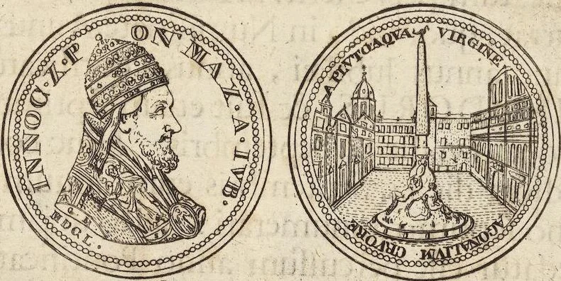 An illustration from Numismatum Modernorum Cimeliarchii Regio-Electoralis Brandenburgici Sectio Prima: continens Numismata Pontificum Romanorum, Aliorumque Ecclesiasticorum, Rariora & Elegantiora: Ære expressa & Dialogo illustrata, 1704, leaf 65